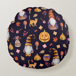 Coussins Ronds Halloween lunatique : Gnomes et Citrouilles