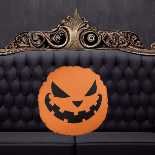 Coussins Ronds Halloween orange face à Jack-o'-lantern effrayant