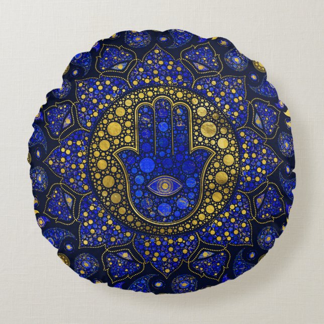 Coussins Ronds Hamsa Main - Main - Fatima Dot Art Lapis Lazuli (Devant)