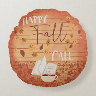 Coussins Ronds Happy Fall Y'all avec café et feuilles d'automne