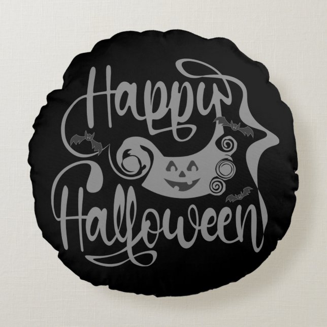 Coussins Ronds Happy Halloween chauves-souris Jack-o'-lantern (Devant)