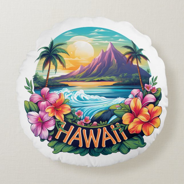 Coussins Ronds Hawaii Aloha Tropical Beach Mountains Voyage (Devant)