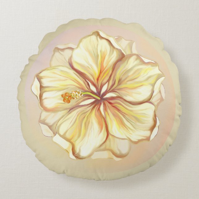 Coussins Ronds Hibiscus & dentelle JAUNE (Devant)