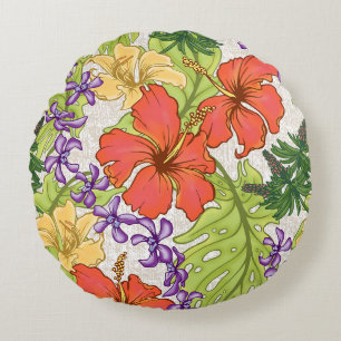 Coussins Ronds Hibiscus et orchidées hawaïens tropicaux de Keleah