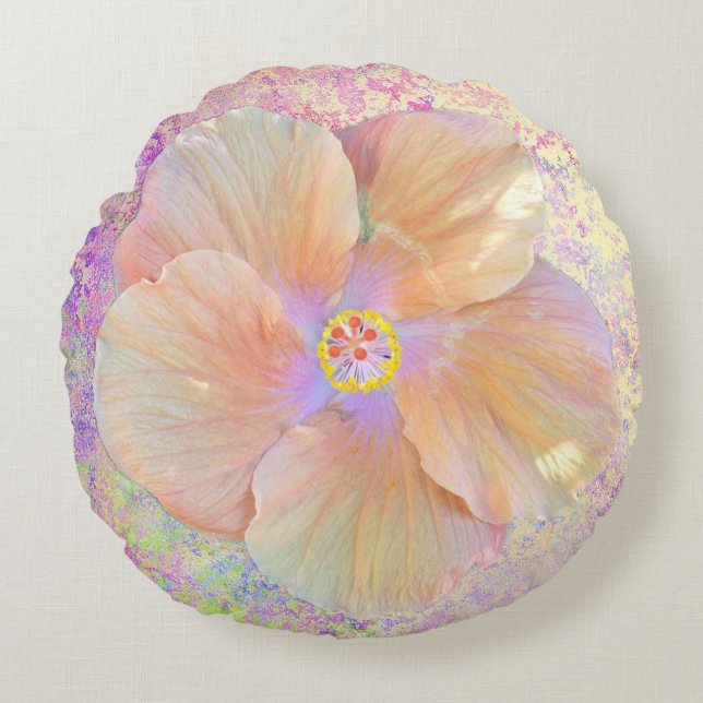 Coussins Ronds Hibiscus fleur tropicale iridescente or rose migno (Devant)