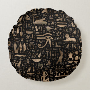 Coussins Ronds Hiéroglyphes égyptiens antiques - noir et or