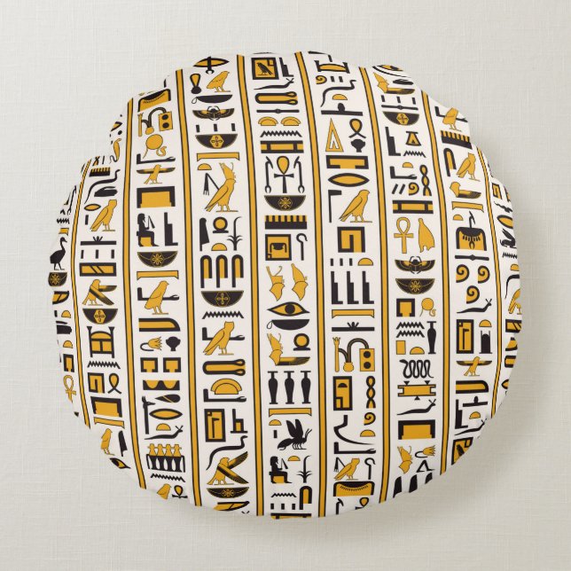 Coussins Ronds Hiéroglyphes égyptiens jaune-noir couleur transpar (Devant)