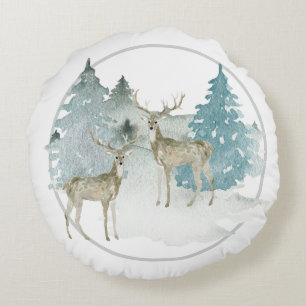 Coussins Ronds Hiver Bois Aquarelle Noël Cerf