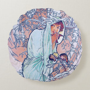 Coussins Ronds Hiver (Quatre Saisons), Oreiller Alphonse Mucha