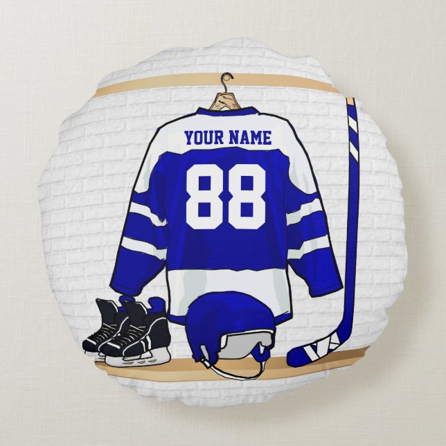 Coussins Ronds Hockey sur glace bleu et blanc personnalisé Jersey (Dos)