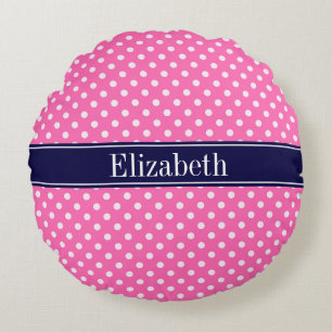 Coussins Ronds Hot Pink #2 Wht Polka Dots Navy Blue Name monogram