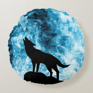 Coussins Ronds Howling Wolf Hiver neige bleue fumée Abstraite