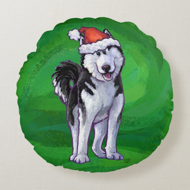 Coussins Ronds Husky festif à Santa Hat sur Vert (Devant)