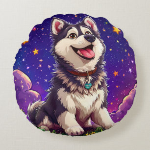 Coussins Ronds Husky joyeux contre ciel étoilé