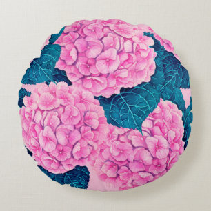 Coussins Ronds Hydrangea aquarelle motif, rose et bleu