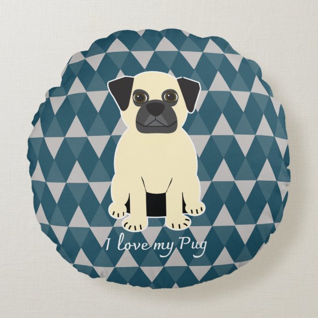 Coussins Ronds I love my Pug, Blue diamonds pattern (Devant)