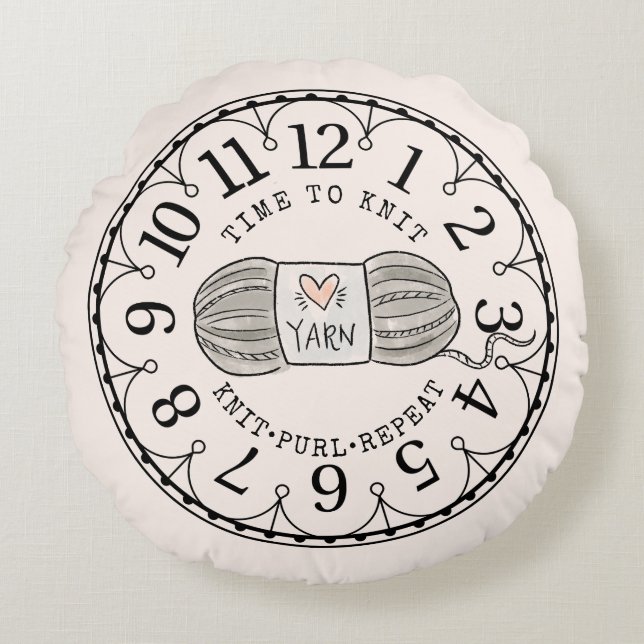 Coussins Ronds Il est temps de Knit Yarn Horloge Face (Devant)