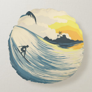 Coussins Ronds Île tropicale, vague, coucher de soleil de surfer.