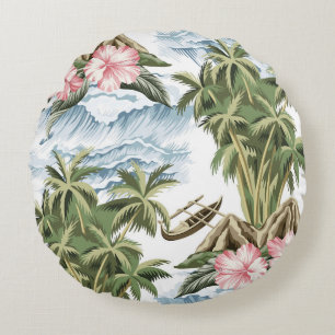 Coussins Ronds Ile vintage hawaïenne, palmier, bateau, rose