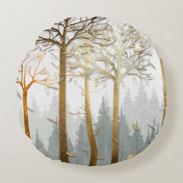 Coussins Ronds illustration 3D, contours gris et or des arbres,  (Devant)