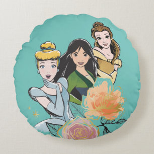 Coussins Ronds Illustration de Cendrillon, Mulan et Belle Florale