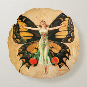 Coussins Ronds Illustration de femme volant papillon Flapper