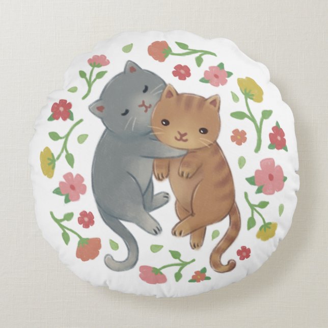 Coussins Ronds Illustration de fleur et chats de printemps (Devant)