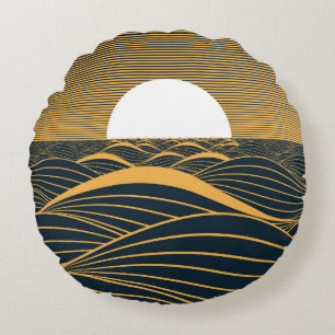 Coussins Ronds Illustration de lune de soleil stylisée, mer sombr