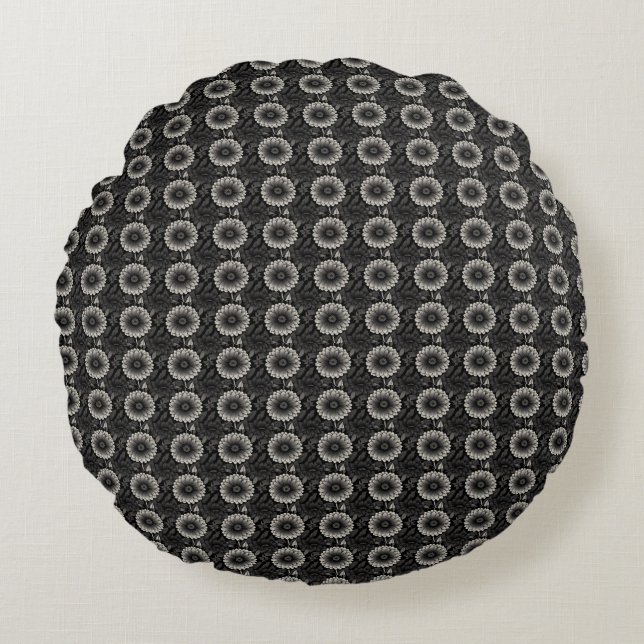 Coussins Ronds Illustration florale noire et blanche complexe (Devant)