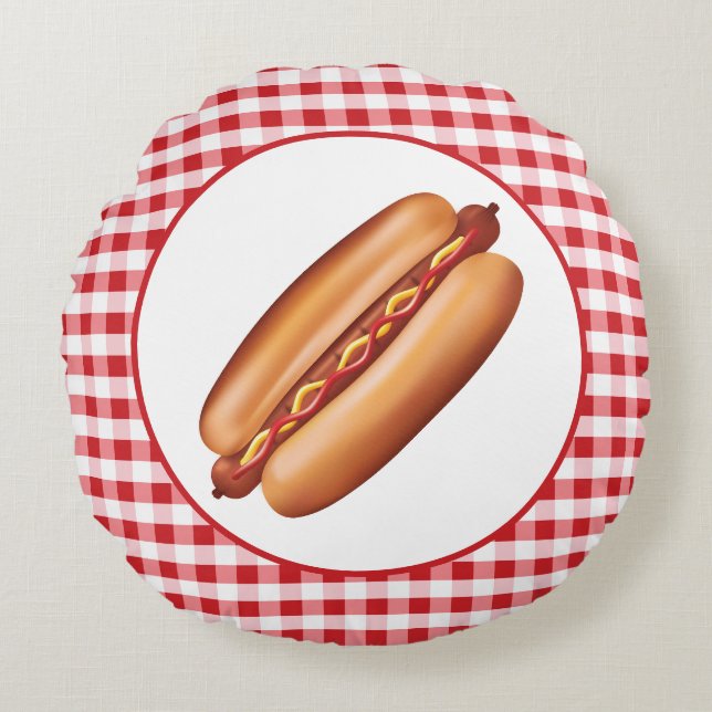 Coussins Ronds Illustration Hot Dog Fast Food Sur Red En vichy (Devant)