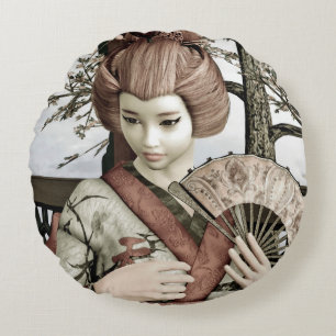 Coussins Ronds Illustration vintage d'un éventail de geisha en ki