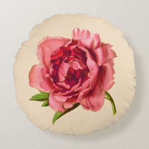 Coussins Ronds Illustration vintage d'une grande pivoine rose cor