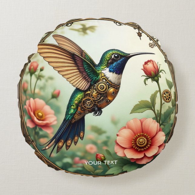 Coussins Ronds Imaginaire Cute Steampunk Fleurs d'oiseaux (Devant)