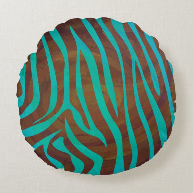 Coussins Ronds Impression Brown et Turquoise Zebra (Devant)