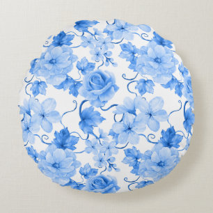 Coussins Ronds Imprimé botanique floral de chinoiserie bleu et bl