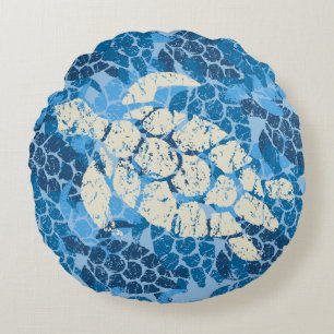 Coussins Ronds Indigo réversible hawaïen de tortue de mer de Ho