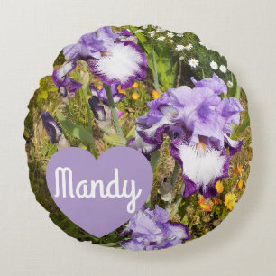 Coussins Ronds Iris Irises Fleur violette Anniversaire Filles Nom