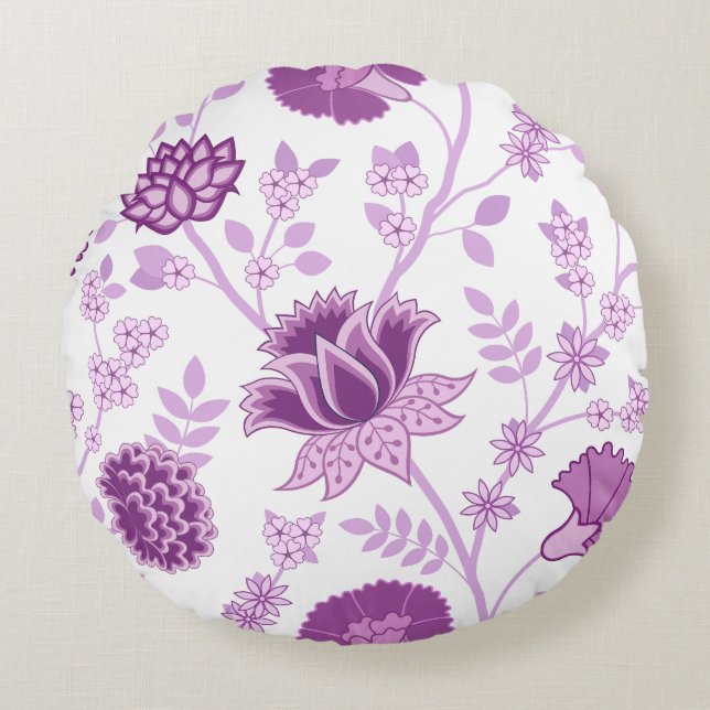 Coussins Ronds Jacobean Floral Lg Motif rose sur blanc (Devant)