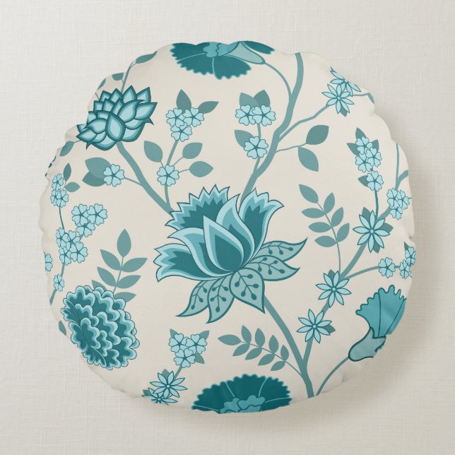 Coussins Ronds Jacobean Floral Lg Motif Teals sur Crème (Devant)