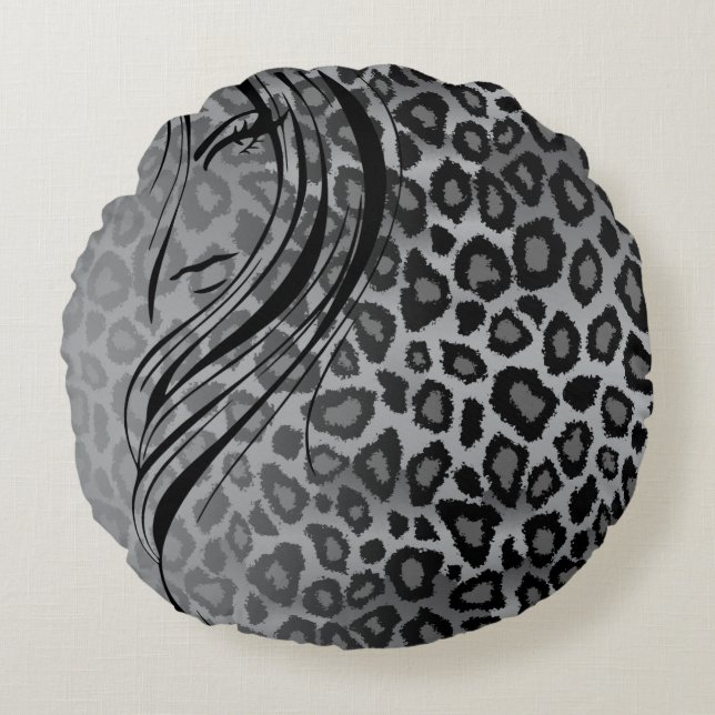Coussins Ronds Jaguar gris Poster de animal dégradé avec fille (Devant)