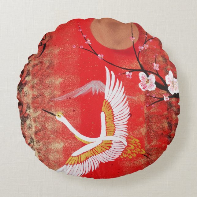 Coussins Ronds Japonaise grue soleil Japon sakura rouge peinture (Devant)