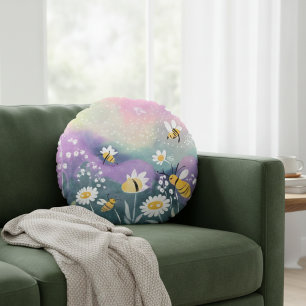 Coussins Ronds Jardin D'Aquarelle Vibrant Avec Fleurs D'Abeilles