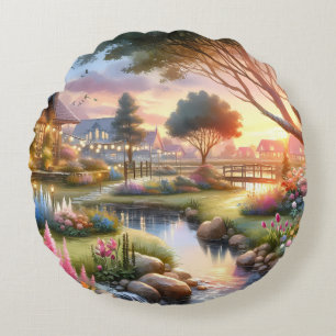 Coussins Ronds Jardin de Cottage Fantaisiste au Coucher du Soleil