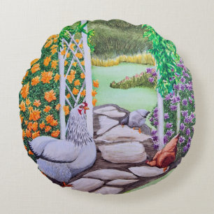 Coussins Ronds Jardin de poulets heureux