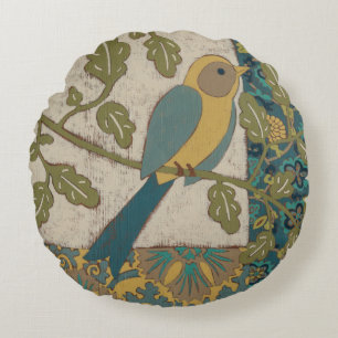 Coussins Ronds Jaune et oiseau bleu turquoise étés perché sur une