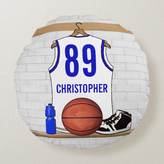 Coussins Ronds Jersey de basketball blanc et bleu personnalisé (Devant)