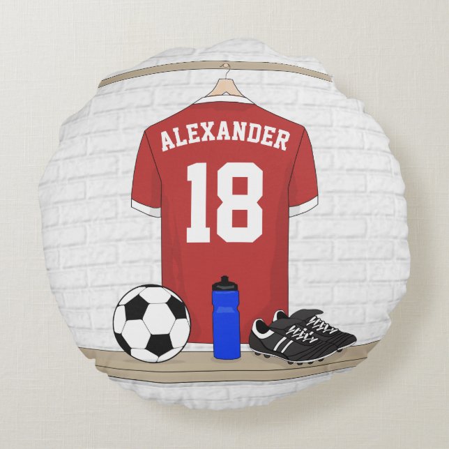Coussins Ronds Jersey de football rouge et blanc personnalisé (Dos)