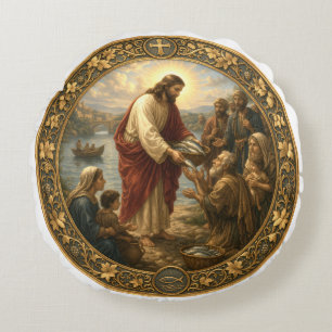 Coussins Ronds Jésus-Christ donnant du poisson aux pauvres