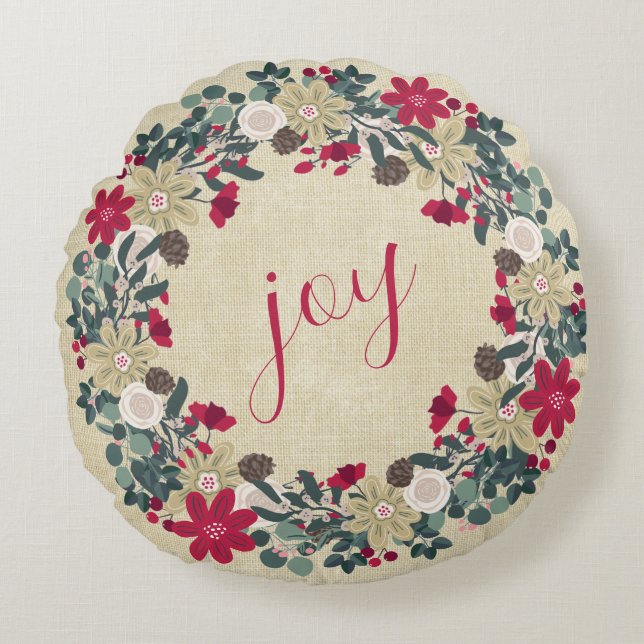 Coussins Ronds Joie - Réversible Floral Farmhouse Christmas Wreat (Devant)