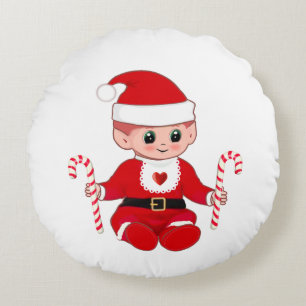 Coussins Ronds Joli bébé elfe du Père Noël de Noël et cannes à su